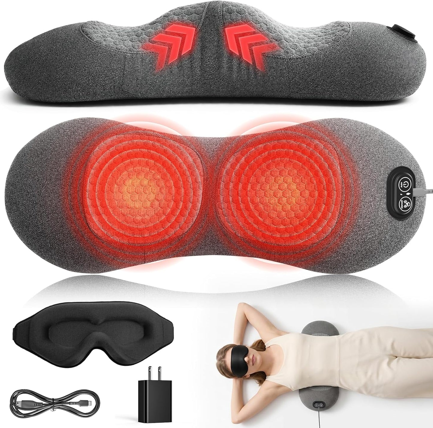 2026 Upgraded 3-in-1 Lumbar Support Pillow with Heat, Vibration & Stretching, Ergonomic Electric Lumbar Pillow with 3D Eye Mask, Portable Lower Back Support Cushion for Home, Office, Car & Travel