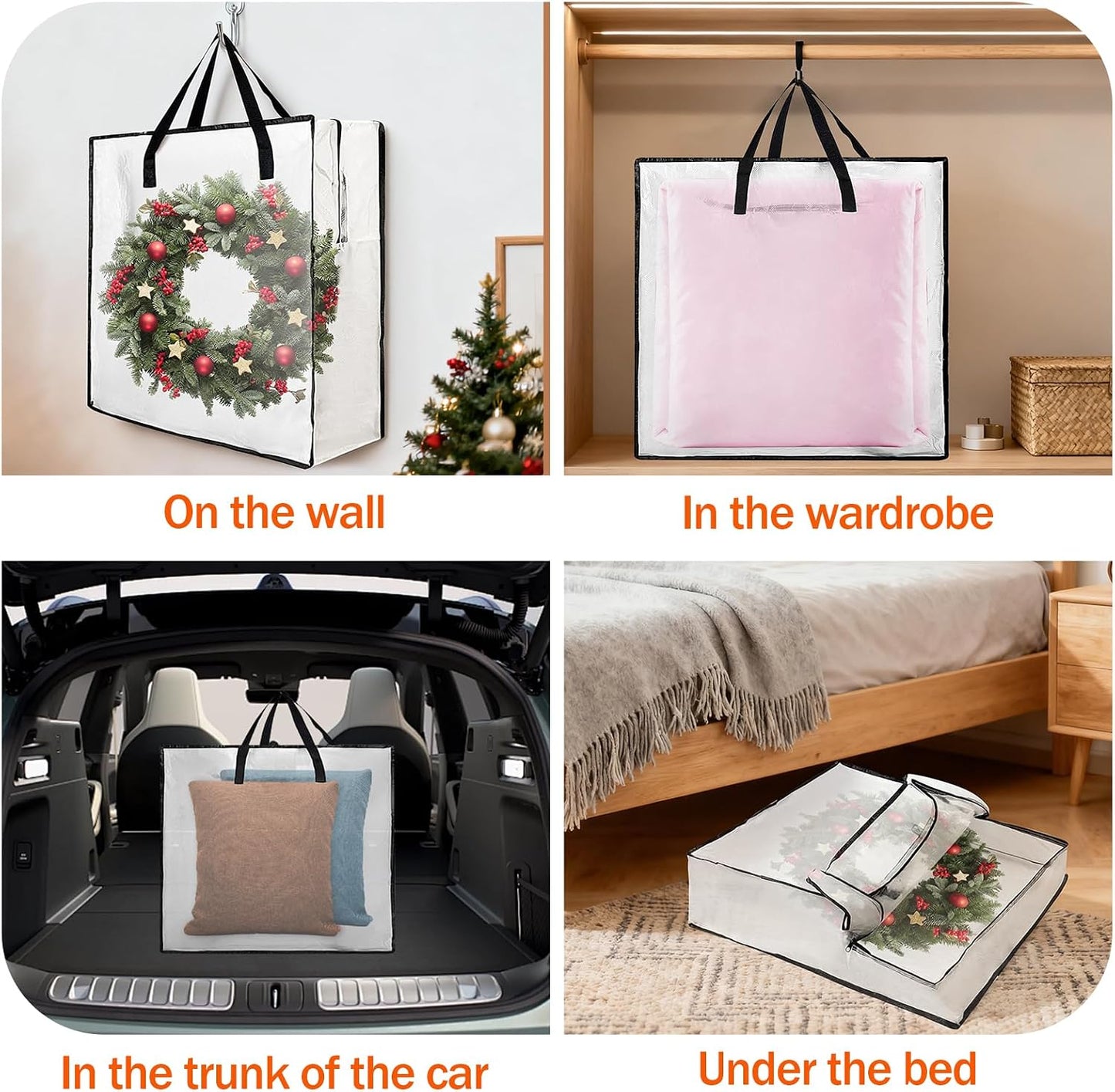 3-Pack 25-Inch Wreath Organizers for Christmas and Holiday Storage | Three clear storage bags hold wreaths and seasonal decor with reinforced handles, sturdy zippers and foldable design.