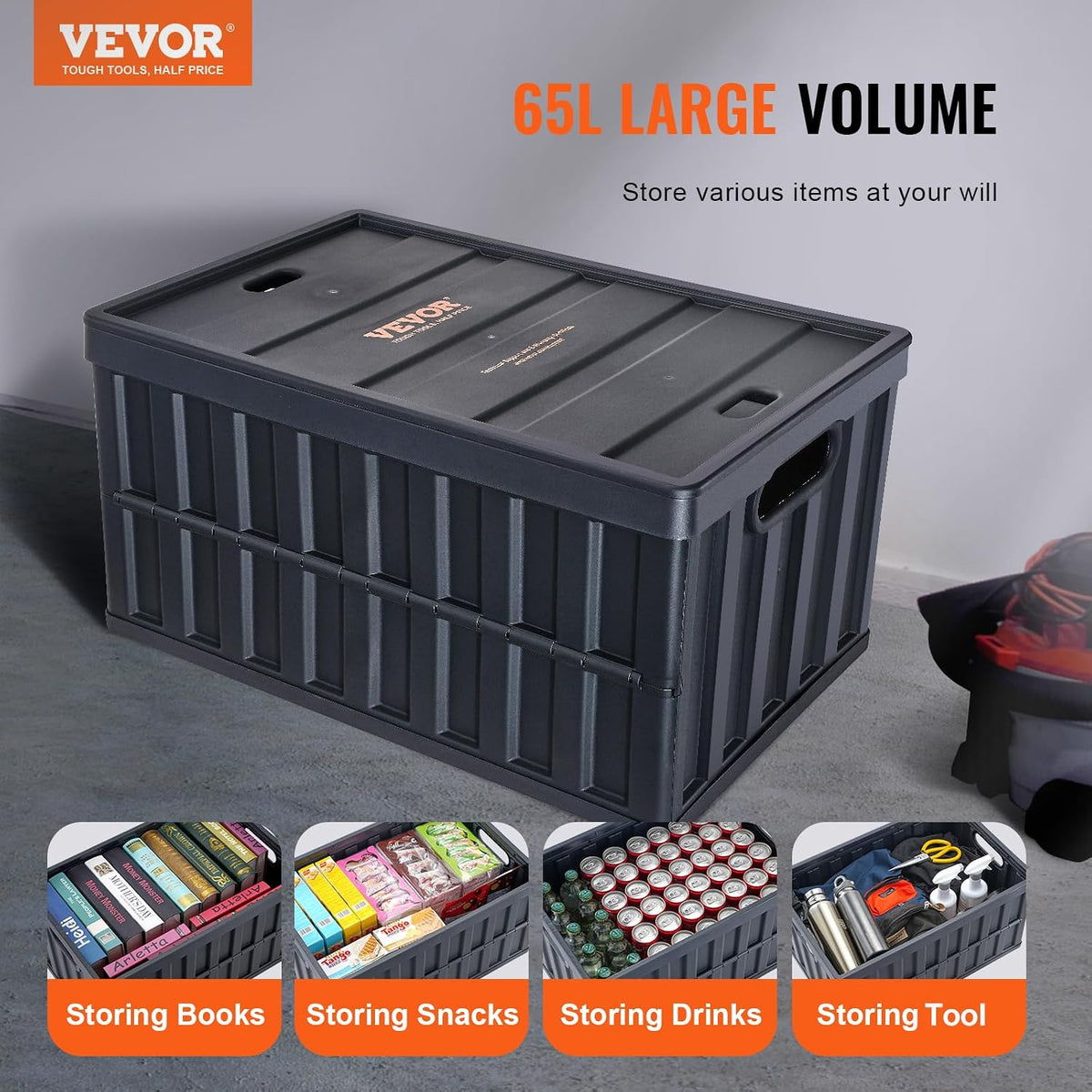 VEVOR 65L Collapsible Storage Bins with Lids 3 Packs, Stackable Crates