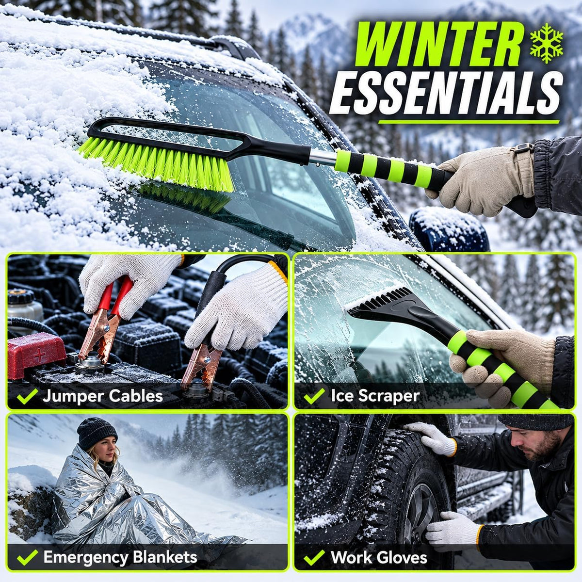 Winter Car Emergency Kit with Jumper Cables, 2-in-1 Detachable Snow Brush