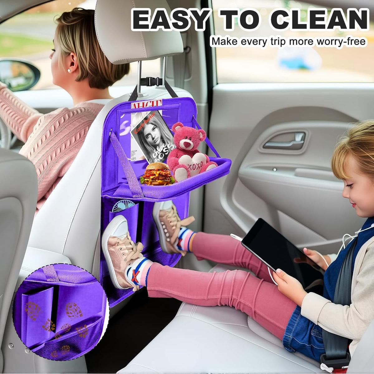 2 Pack Car Backseat Organizer with Foldable Table Tray Purple