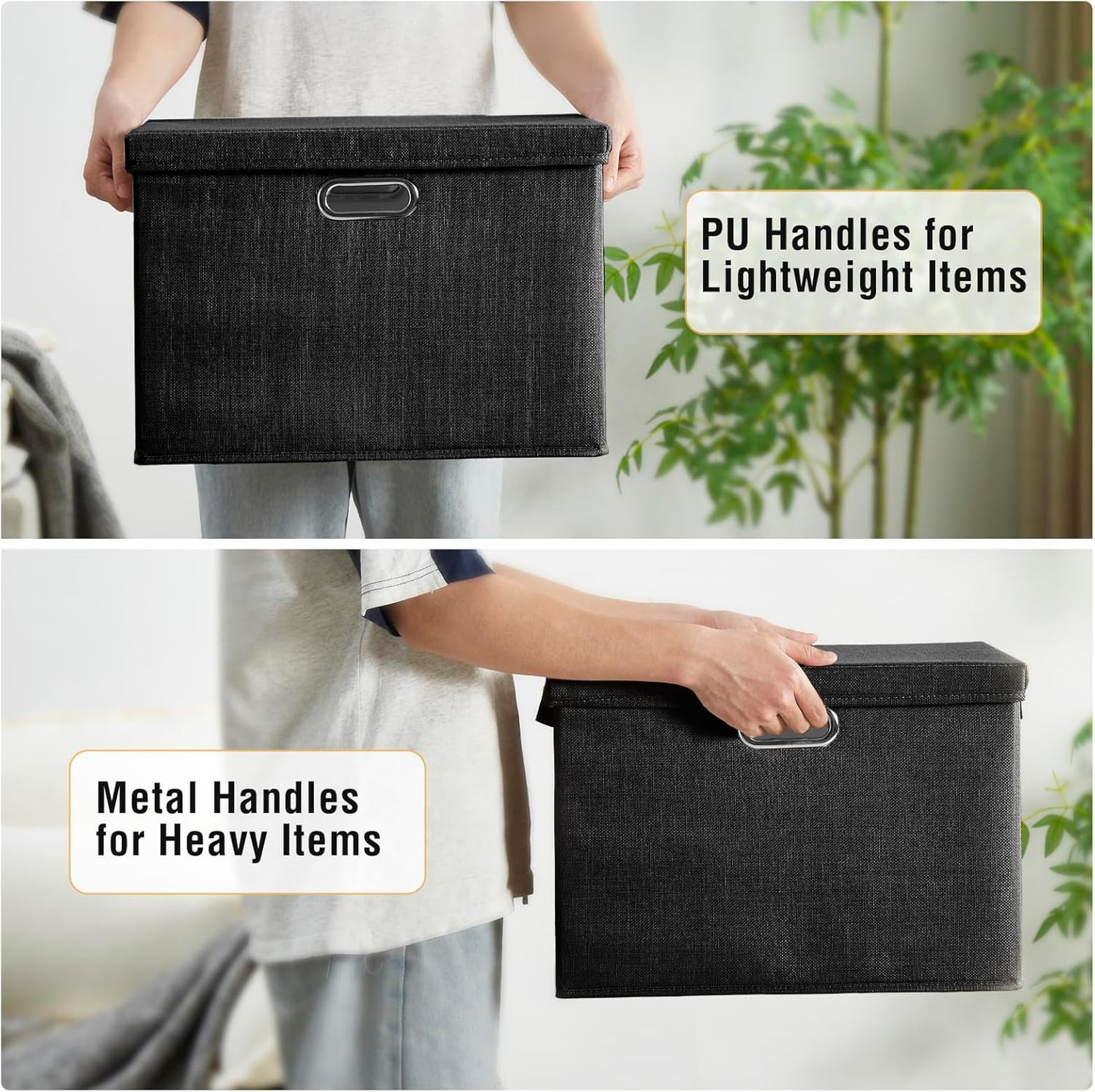 Roobyl 17" Large Collapsible Storage Bins with Lids, Stackable Closet Organizers with PU Handle and Labels, 3-Pack Decorative Fabric Storage Boxes for Home, Bedroom, Closet, Office, Nursery(Black)
