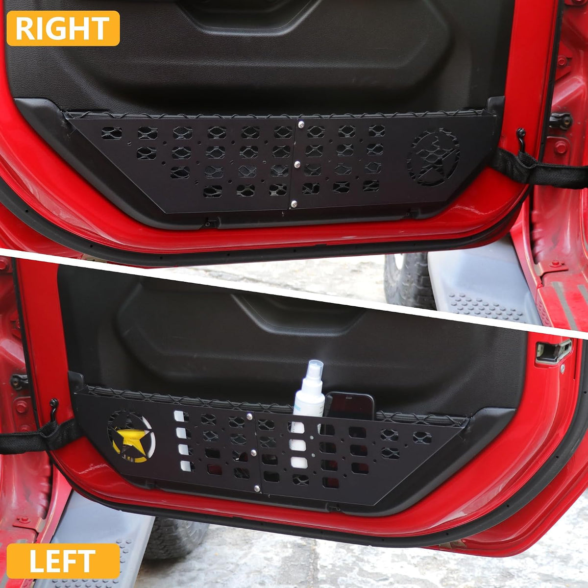 Front Door Storage Pockets Side Insert Organizer Box Compatible with 2018-2024 2025 Jeep Wrangler JL 2/4 Door 4XE Gladiator JT Interior Accessories Cup Holder Expansion Tray 1Pair Metal Star