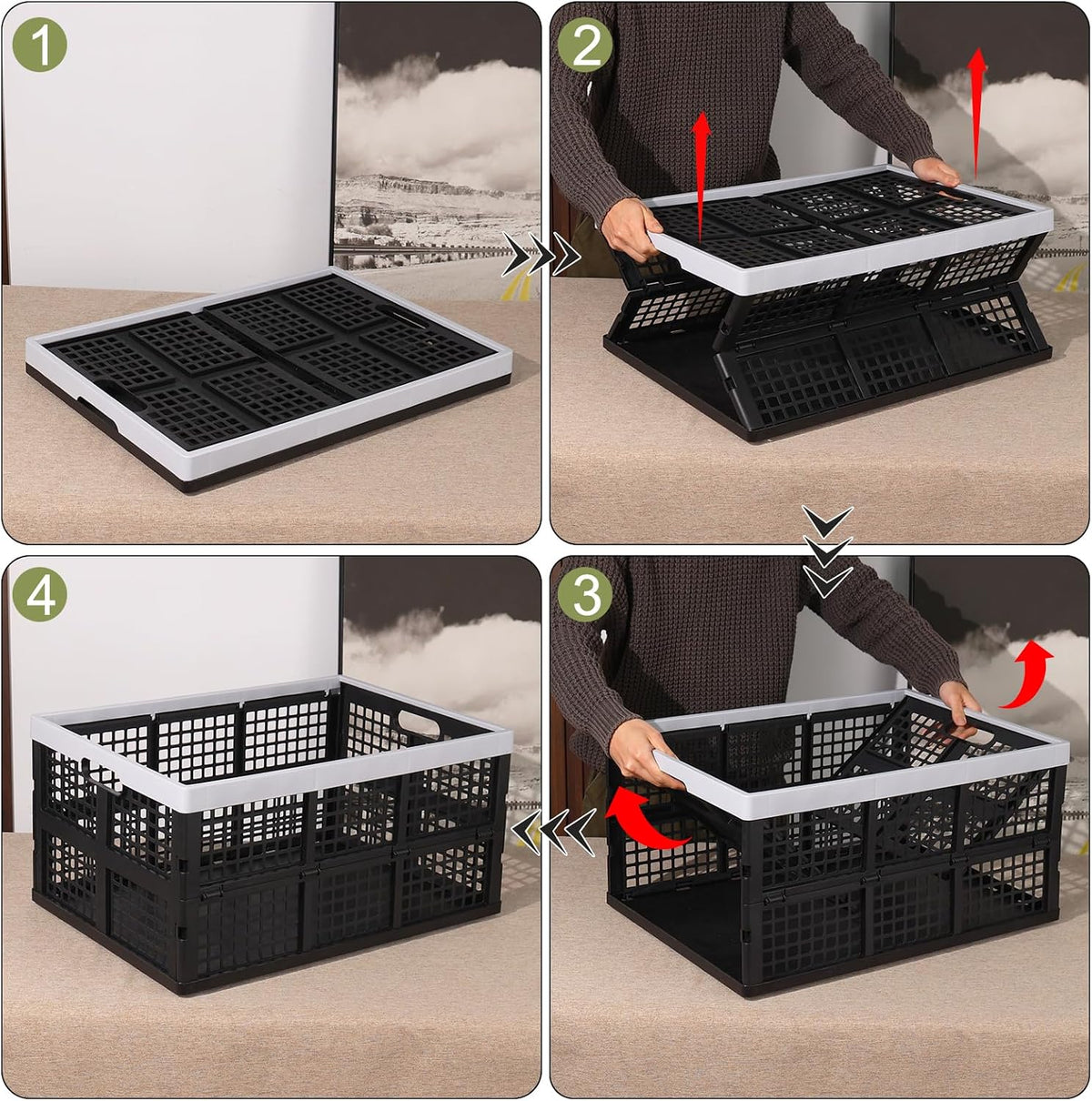 66 L 4 Packs Large Collapsible Storage Crate, Folding Crates