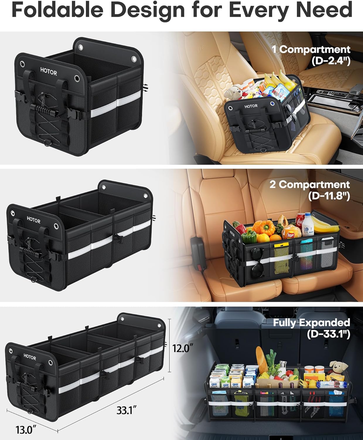 HOTOR Trunk Organizer for SUV – Car Storage Box with Reflective Strips, Collapsible Car Organizer with Large Capacity, Essential Car Accessories for Truck, Van & Sedan, Black, 33.1" x 13.0" x 12.0"