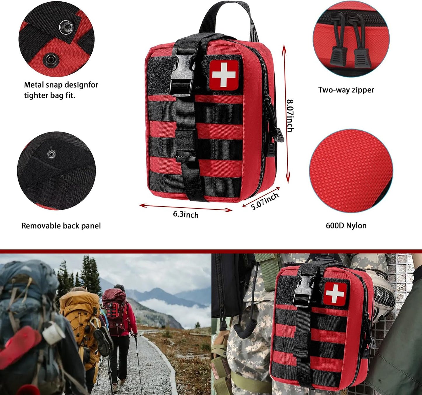 Universal IFAK Trauma First Aid Kit Molle Pouches Emergency Survival Kit Suitable for Home, car, Travel, Camping, Hiking, Sports, Outdoor Emergencies-Quick Response First Aid Essentials (Red)
