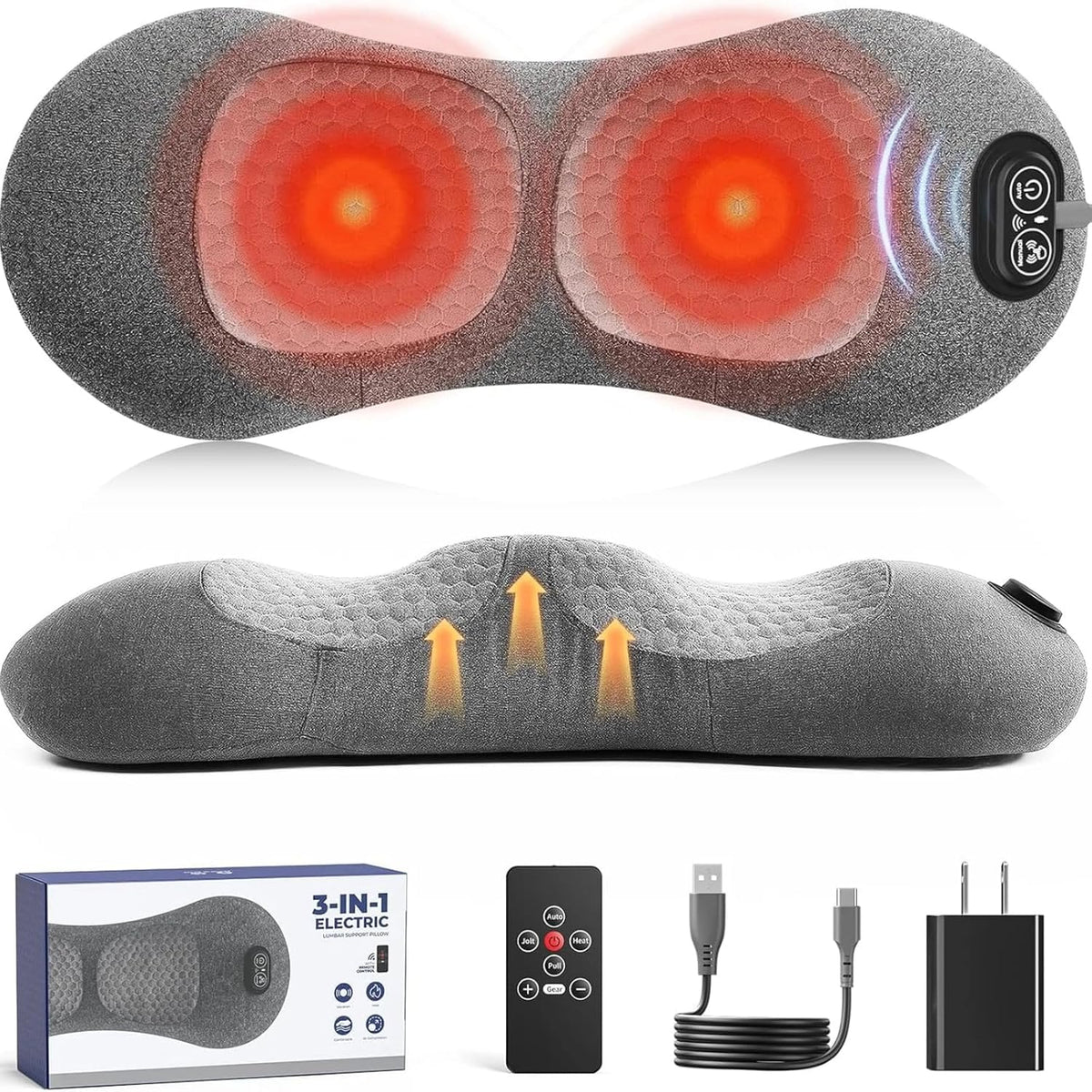 2026 Upgraded 3-in-1 Lumbar Support Pillow with Remote Control, Triple Fusion Back Massager with Heat, Vibration &amp; Stretching, Portable Electric Lumbar Pillow for Home, Office, Travel &amp; Car