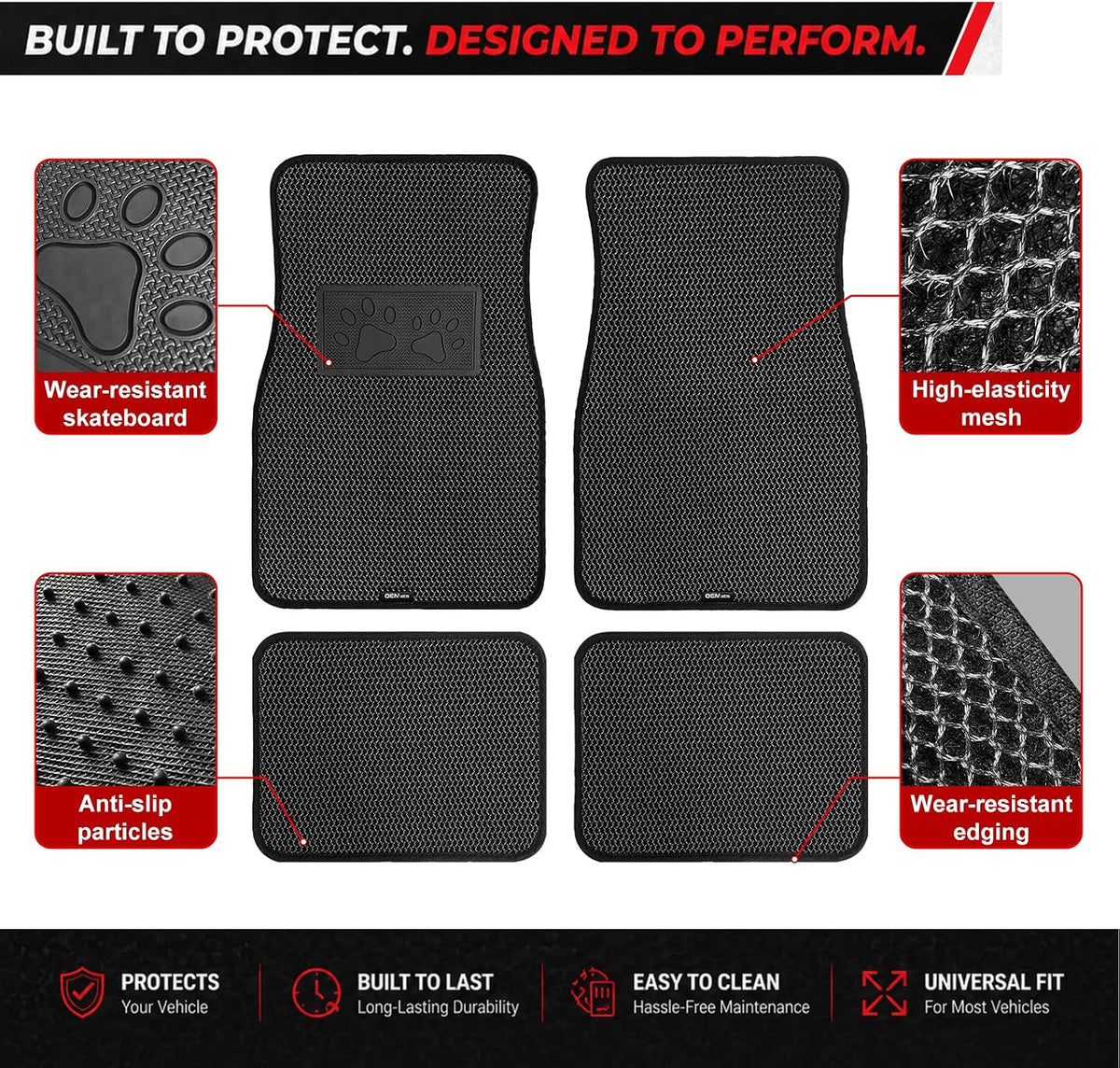 Universal Car Floor Mats, 3D Mesh Fabric All Weather Waterproof Car Floor Liners,With Anti-Slip Granule Backing&Driver Heel Pad,Efficient Dust&Dirt Resistant for Sedan,SUV,Truck,Van,Set of 4pcs