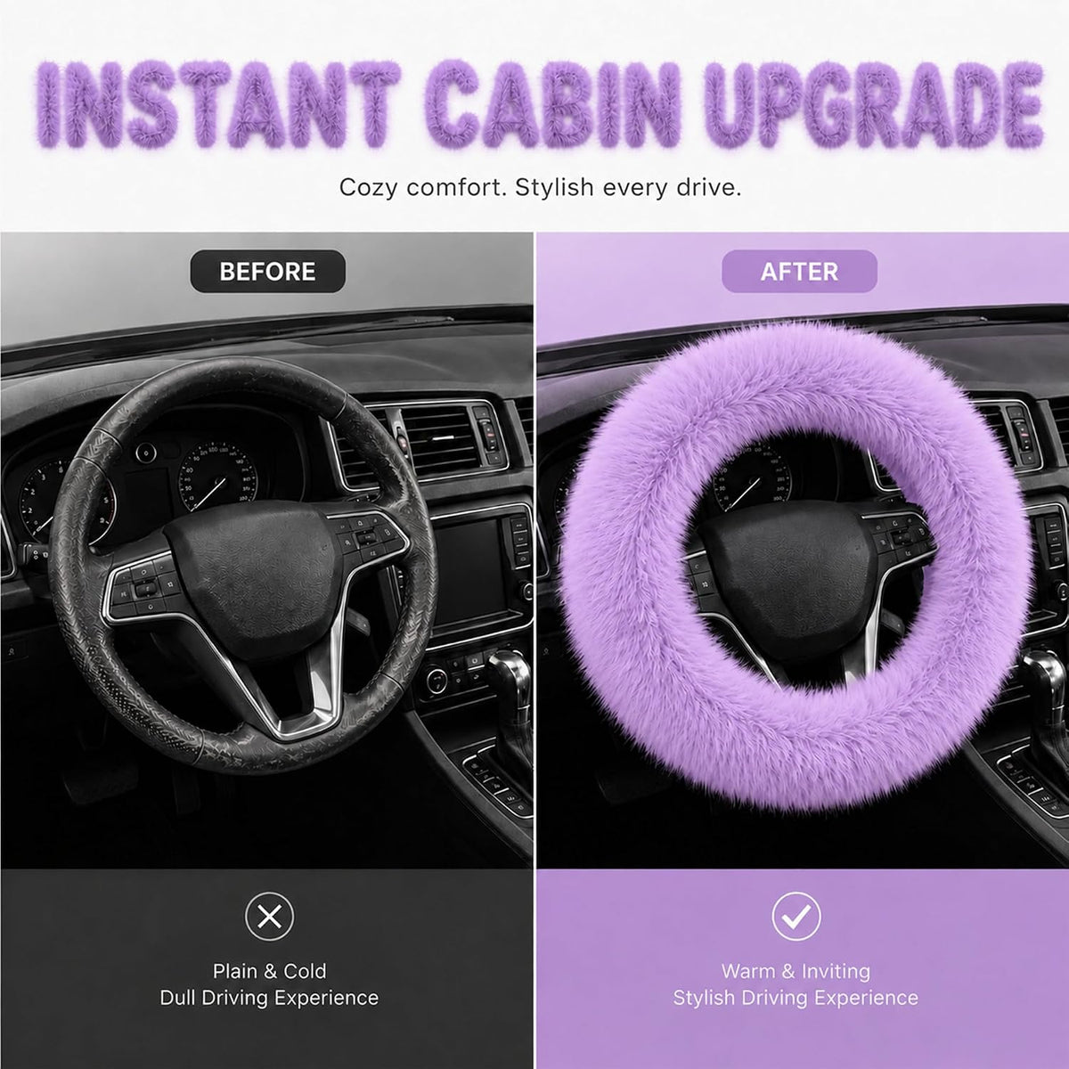 Road Comforts Steering Wheel Cover, Fluffy Car Wheel Covers for Women/Girls/Ladies，Soft Wool Fur Steering Wheel Protector, Universal 14 1/2 inches to 15 inches - Purple