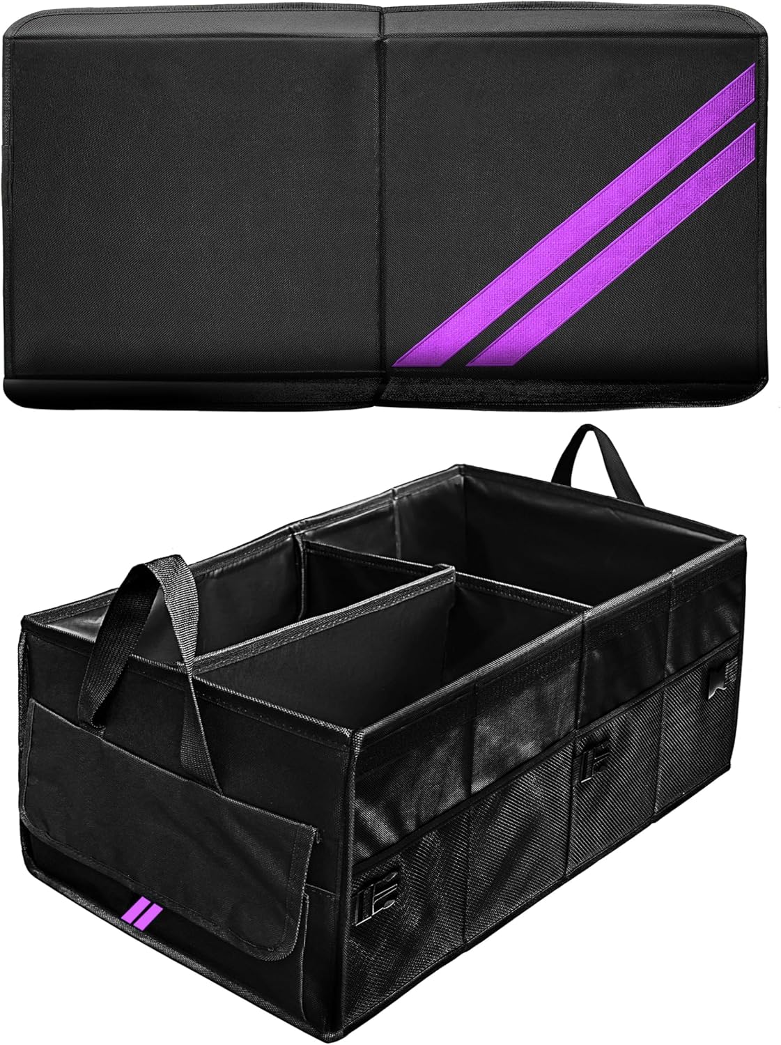 YOSRTER for Dodge Charger Durango Challenger Ram Car Trunk Organizer Collapsible Storage Box with Handle Foldable Lid Non Slip Bottom Sturdy Base Panel 2 Compartment Purple Trim