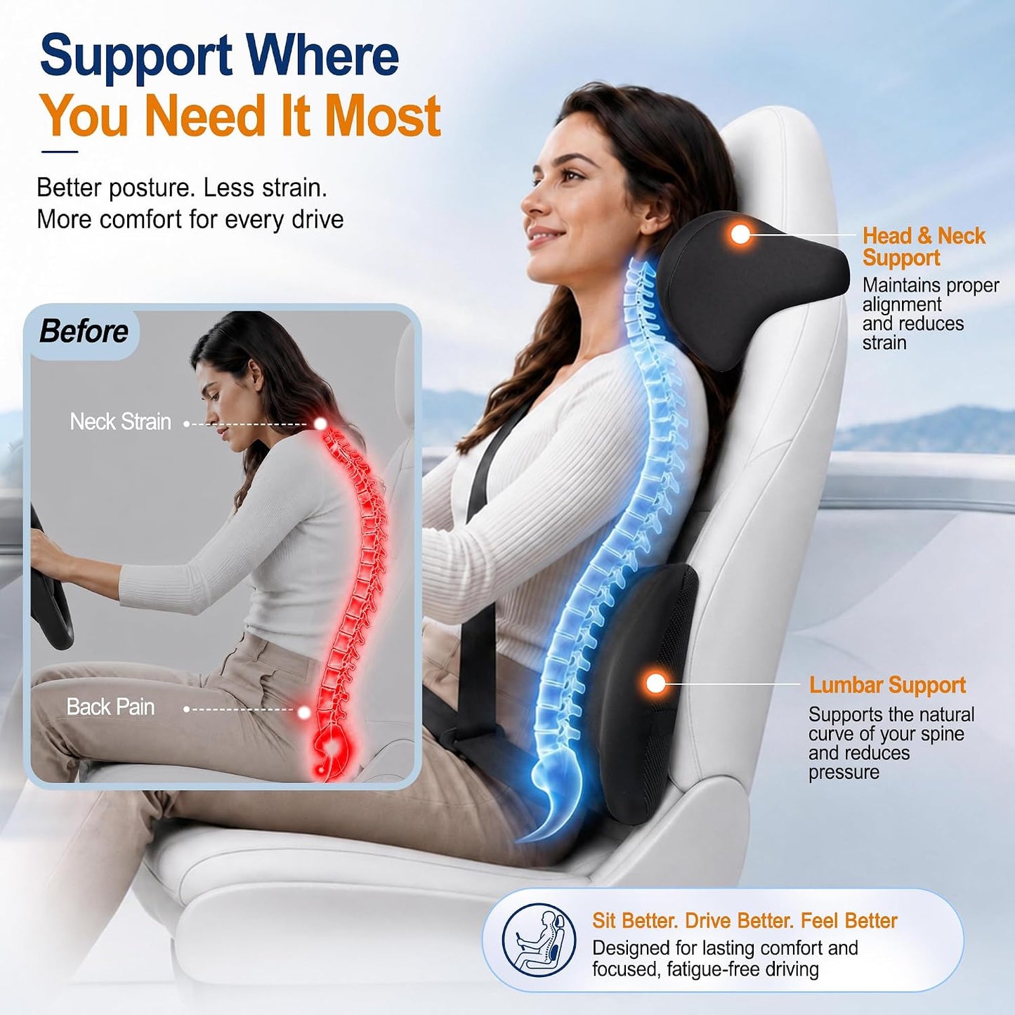 Allaboutsla Lumbar Back Support Pillow for Car, Neck Headrest Pillow Set | Memory Foam Car Neck Support for Driving with Car Back Support, Adjustable Straps, Head Rest Pillow for Cars, Trucks, Black