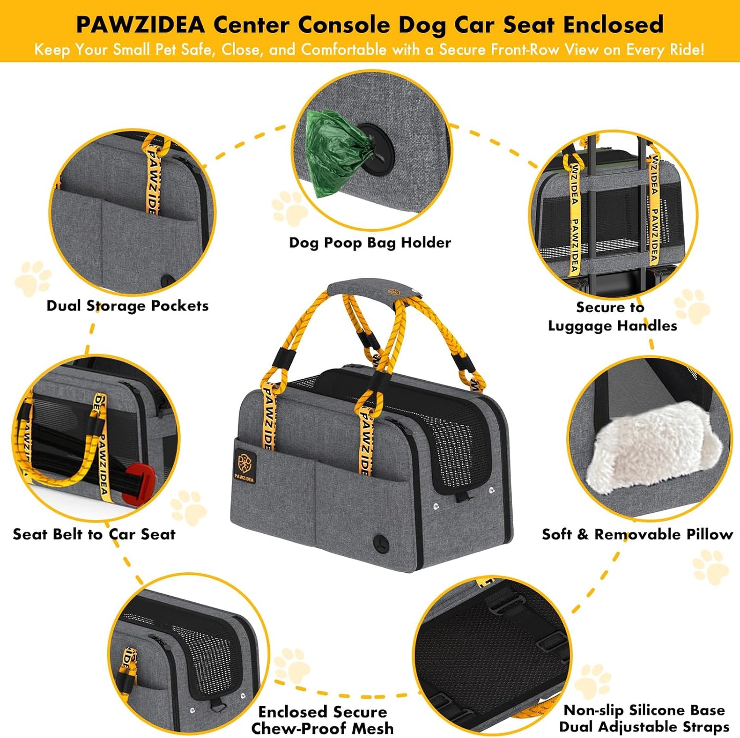 PAWZIDEA Center Console Dog Car Seat, Enclosed Small Dog Armrest Booster Carseat, Secure Straps &Anti Slip, Portable TSA Approved Puppy Pet Carrier Soft-Sided, Removable Pillow Storage Pocket, up 12lb