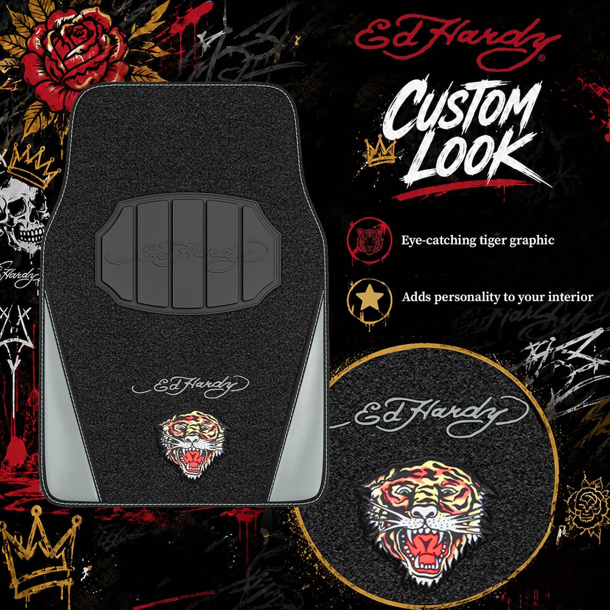 ED HARDY Tiger Print Car Floor Mats, Carpet Floor Mats with Gray Leather Design, Automotive Car Mats with Built-in Heel Pad & Anti-Slip Backing, Fits Most Cars, SUVs & Trucks, Durable & Odorless