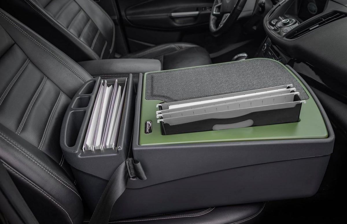 AutoExec Efficiency FileMaster Car Desk for Your Vehicle Workstation and Mobile Office, Army Green with 400 watt Power Inverter