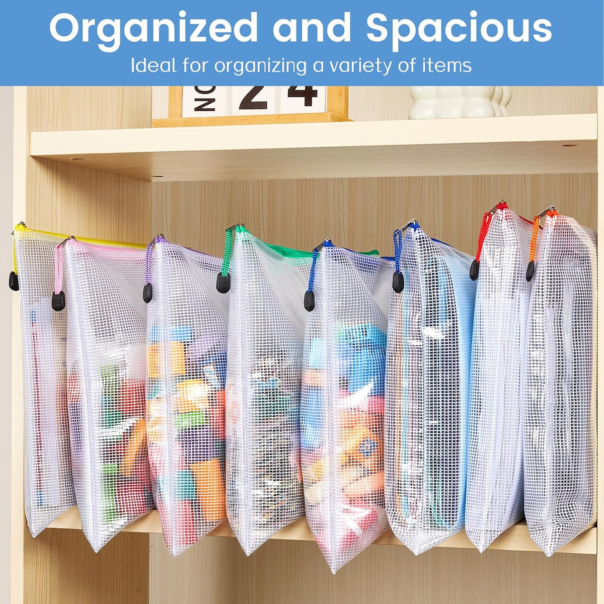 Sooez 24 Pack Mesh Zipper Pouch with Sticky Labels, A4 Mesh Bags Organizer