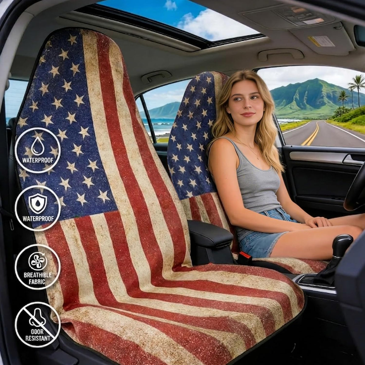 ZIMABLUE 2-Pack American Flag Waterproof Car Seat Covers, Universal Fit
