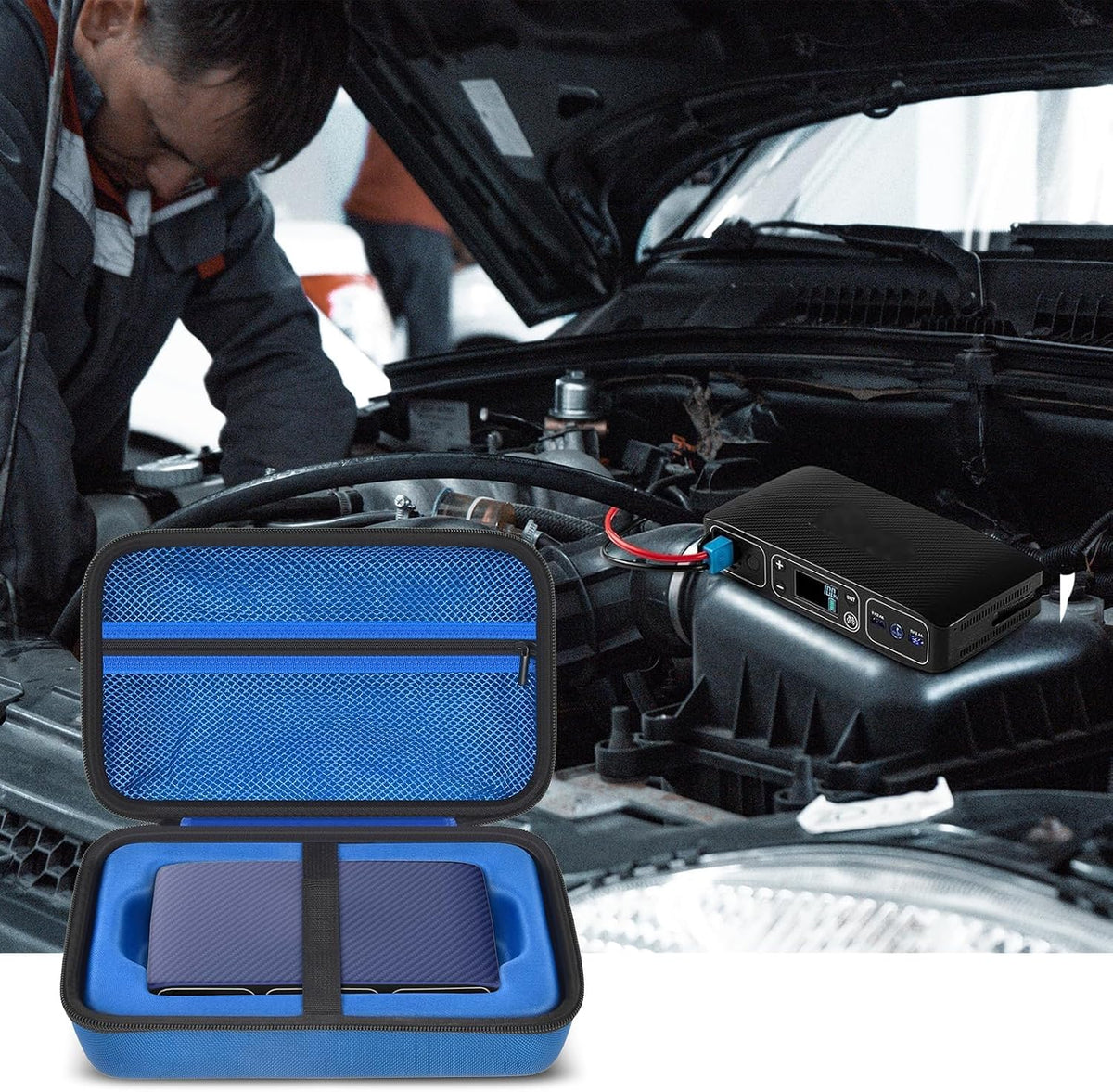 Case for Halo Bolt 58830/57720/ Air 58830/ ACDC Max 55500 mWh/Air + Portable Emergency Power Kit, Storage Holder for Air Nozzles, Extra Accessory, Car Jump Starter, and Charger- Blue (Box Only)