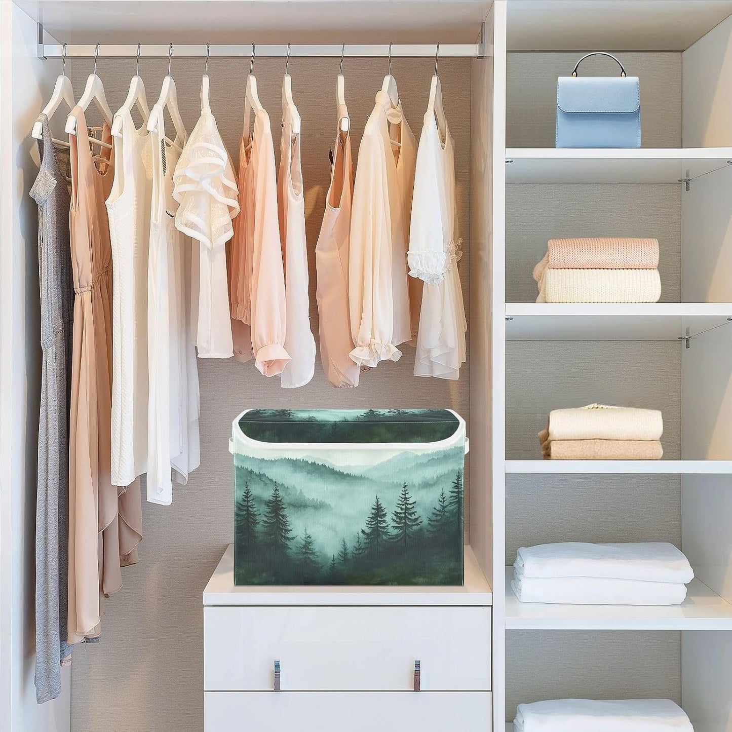Green Mountains and Pine Trees Collapsible Storage Bins with Lids Decorative Fabric Cubes Closet Organizer Basket Boxes Containers for Clothes Box Chest Nurs