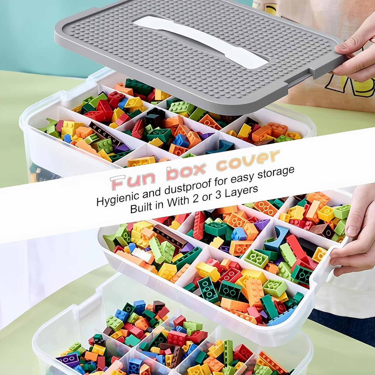 Toys Organizer Storage Case for Lego Box Kids Toy Stackable Building Blocks with Lids Bins Adjustable Lego Storage Containers Plastic Toy Box Grey 2 Layers