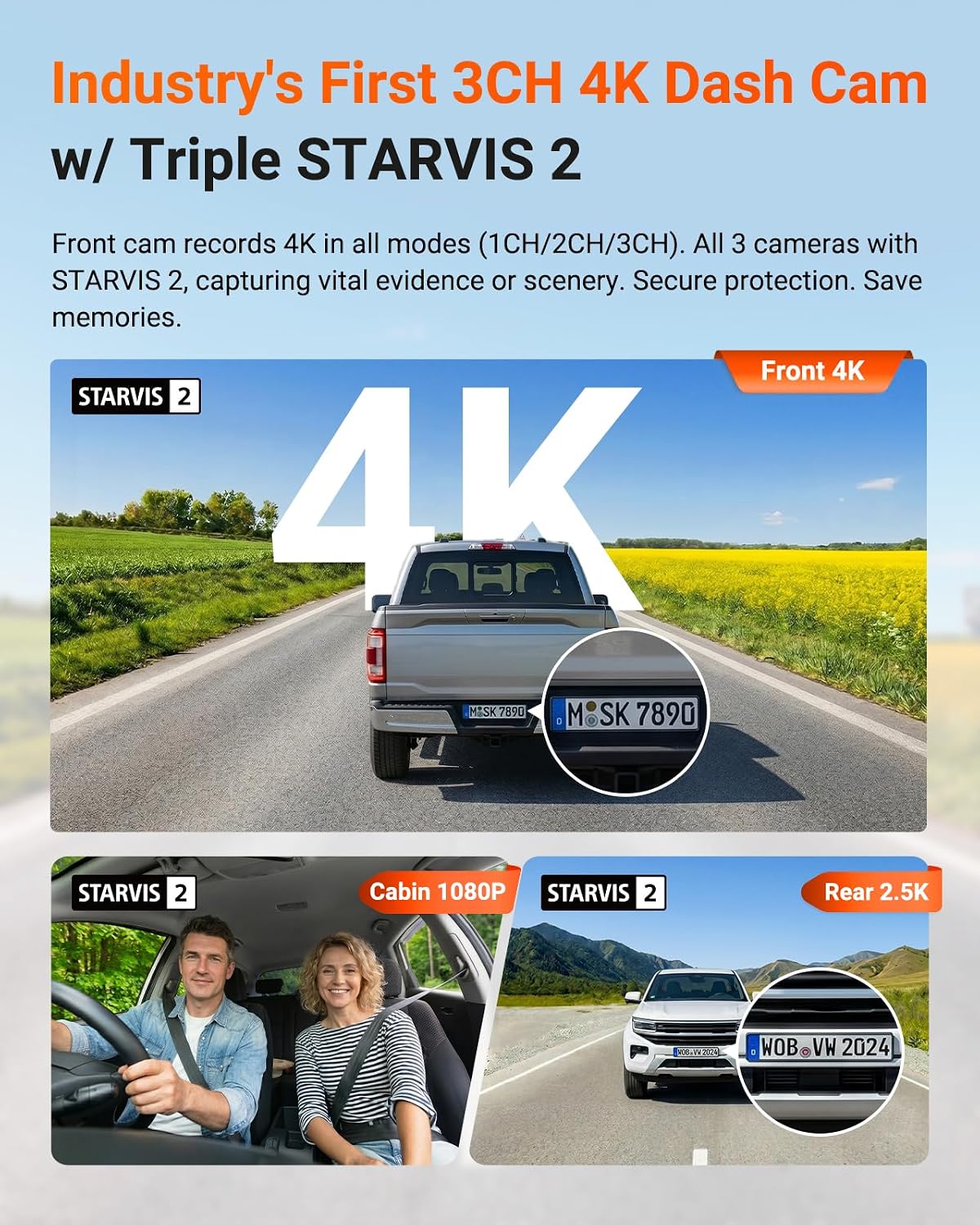 Vantrue N4 Pro S 4K 3 Channel Dash Cam, Triple STARVIS 2, IP67 Rear Camera