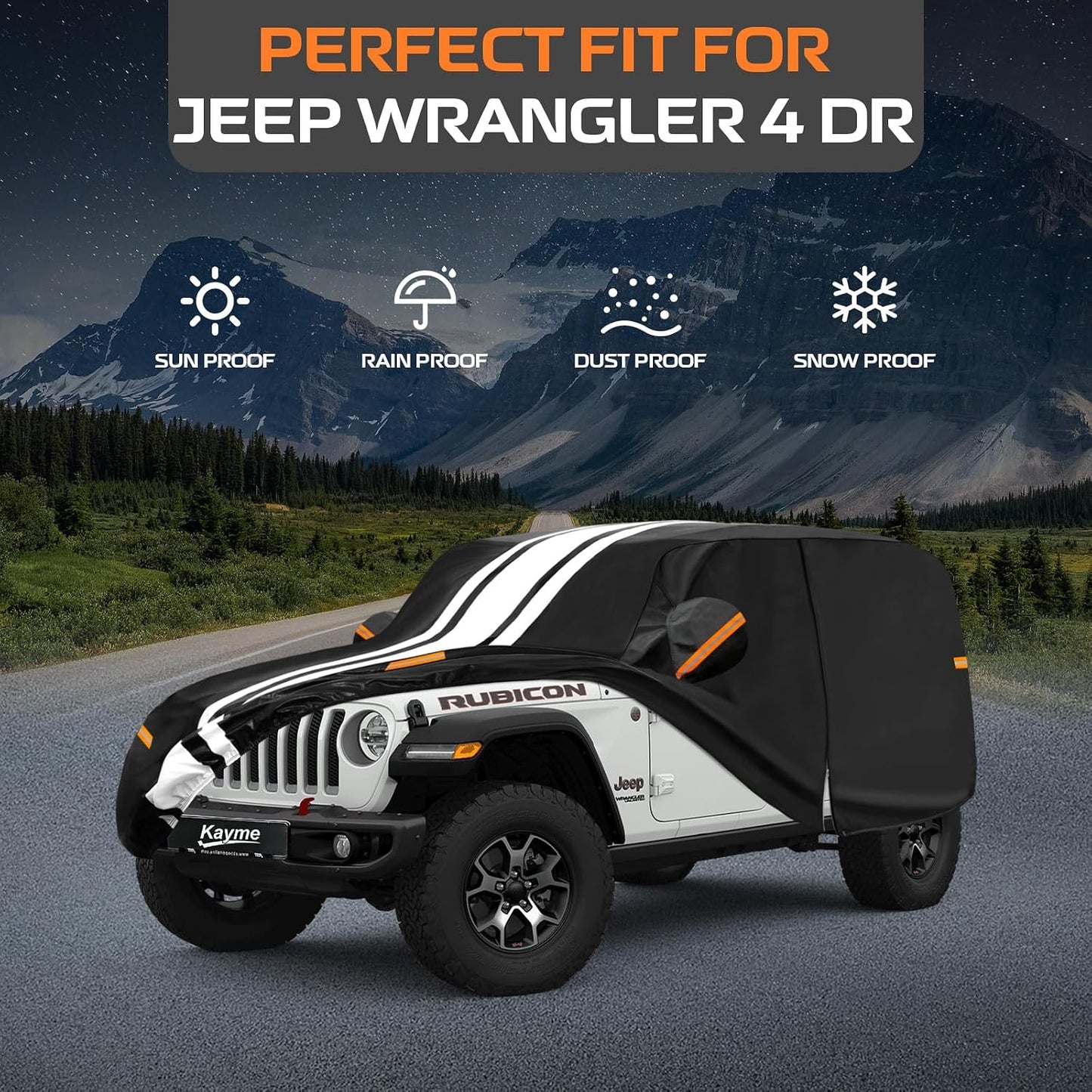 Kayme Jeep Wrangler Car Cover Waterproof All Weather, Custom Fit for Wrangler 4 Dr/Unlimited 4 Door JK JL (2006-2026), Gift with Tape/Towel, Outdoor Full Exterior Cover Rain Snow Sun UV Protection.