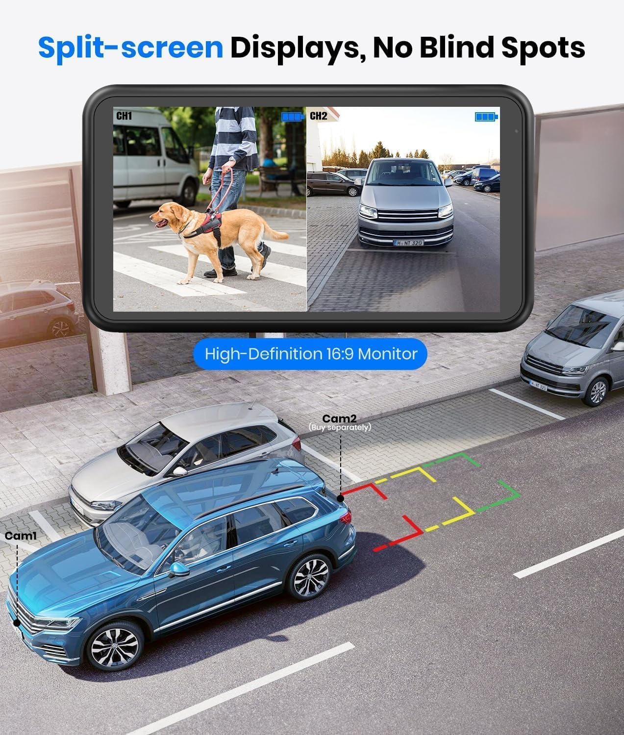AUTO-VOX Solar Wireless Backup Camera: 5" 1080P Monitor, 2 Min Easy Install | 2 Split Screen & 5000mAh Battery Back Up Camera, IP69K Waterproof Reverse Camera for Car, Van, SUV, Truck, Trailer