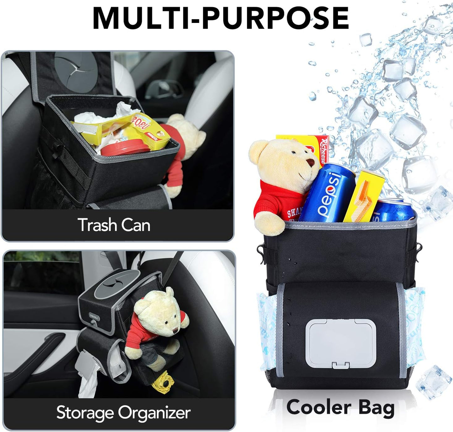 Farasla All-in-One Car Trash Can, Garbage Bag for Car with Removable Leakproof Interior Liner, Adjustable Tissue Holder & Straps(Black)