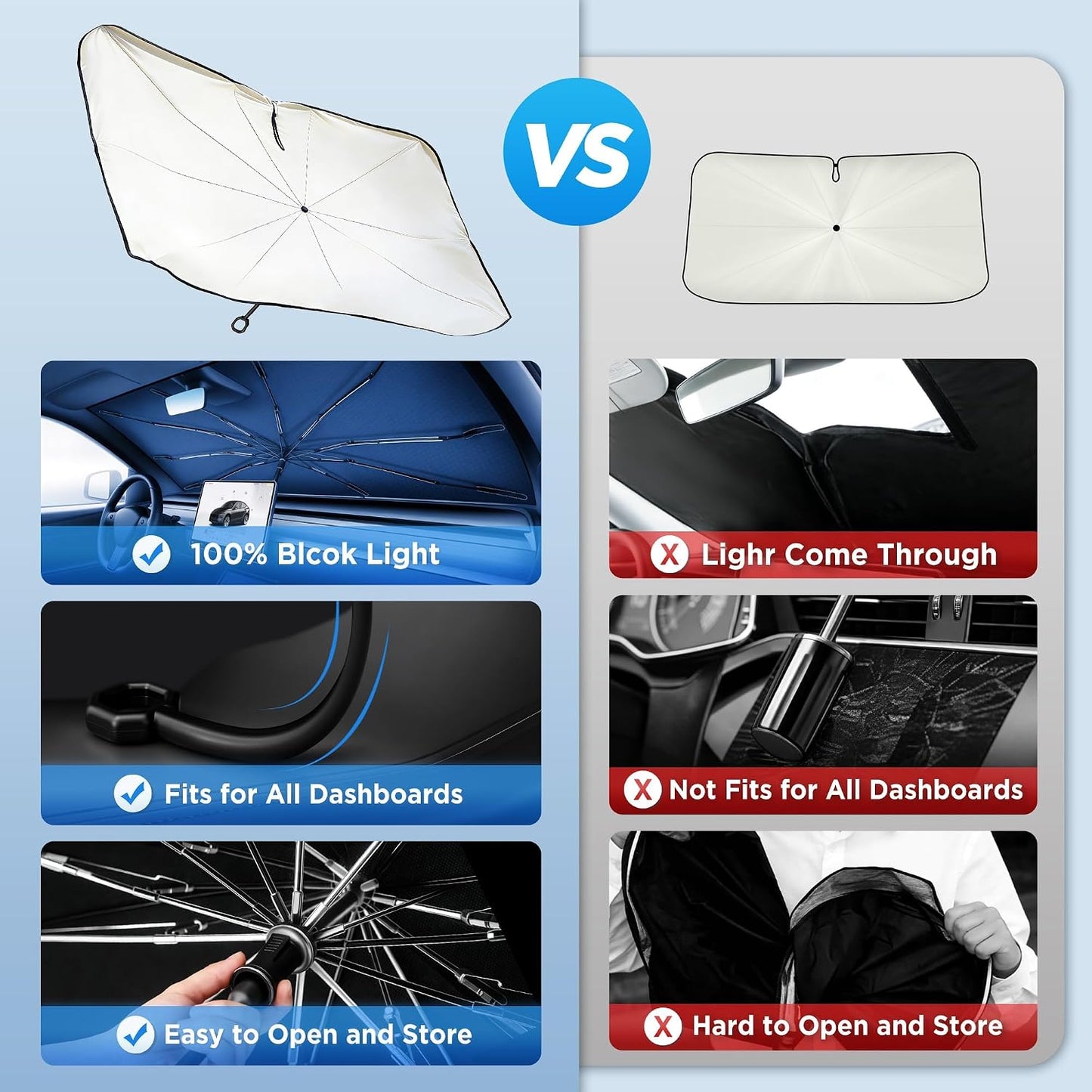 2026 Upgraded Windshield Sun Shade Umbrella [7-Layer Vinyl Coating Heat Shield] Foldable Front Window Sunshade Umbrella Flexible Handle Protect Interior from UV Keep Car Cooler (57" x 31")