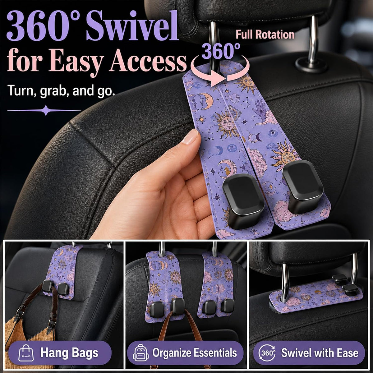 2 Pack Celestial Sun Moon Car Headrest Hooks for Purse Seat Hanger