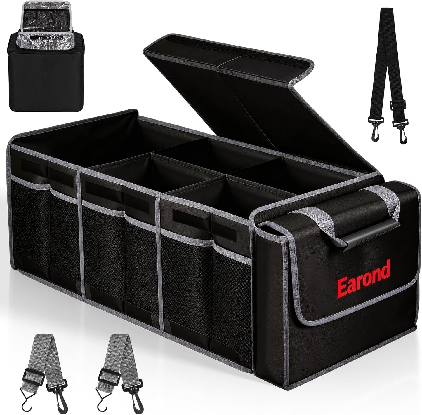 Collapsible Trunk Organizer with Insulated Leakproof Cooler Bag,Removable Lid,Adjustable Securing Straps,3 Compartments Trunk Organizer for SUV,Truck,Sedan(Grey & Black)