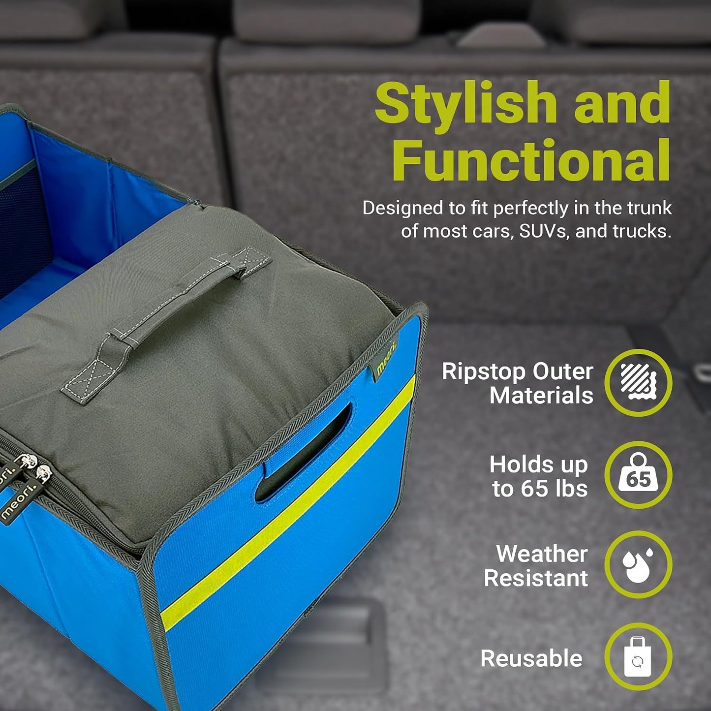 meori Collapsible Trunk Organizer for Car with Cooler for Groceries Road Trips 2 Compartments Heavy Duty Mesh Pocket Ripstop