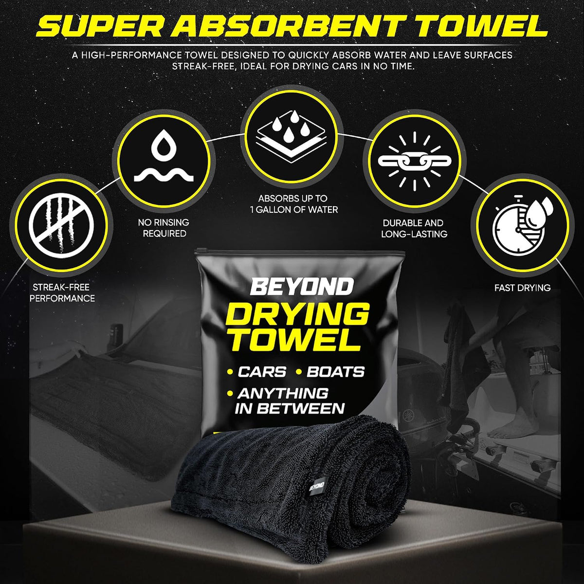 Beyond Drying Towel - Super Absorbent Large Premium Microfiber Detailing Towel for Cars and Boats - 24" x 36" Black