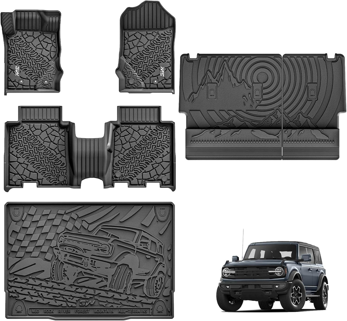 3W Ford Bronco Floor Mats & Cargo Liner & Back Seat Cover Custom Fit for 2021-2025 2026 Bronco 4 Door All Weather Custom Fit Ford Bronco Accessories (Not for Sport & Rubberized Floor)