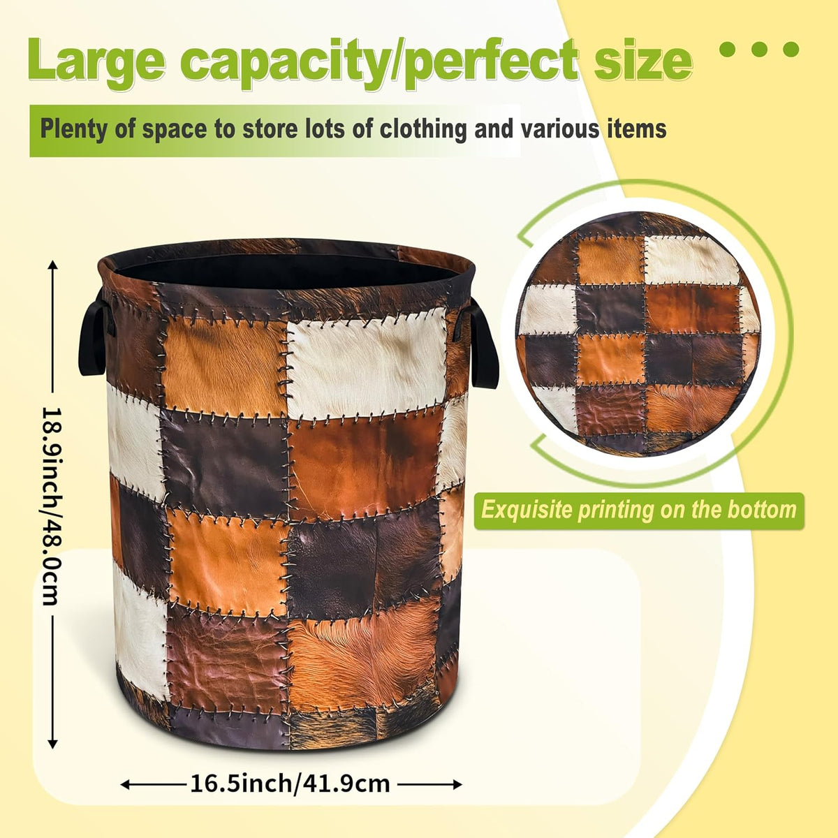 Brown Cowhide Print Laundry Basket Foldable Waterproof Hamper 18.9x16.5 In