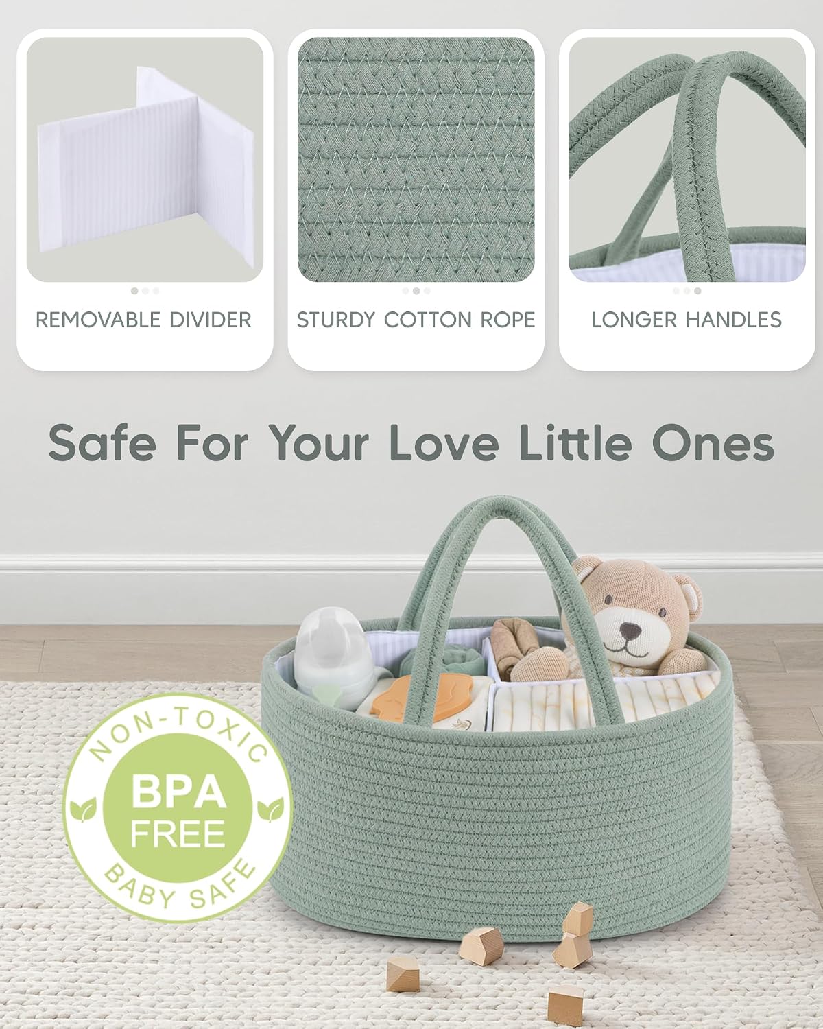 Maliton Diaper Caddy Organizer for Baby, Portable Diaper Storage Organizer for Changing Table and Car, Cotton Rope Nursery Storage Bin Basket for Baby Shower, Newborn Essentials Must Haves - Green