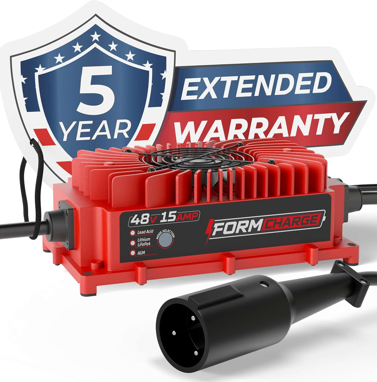 FORM 48 Volt Golf Cart Battery Charger for Club Car Precedent & DS Golf Carts - 48V 15AMP for Lead Acid, LiFePO4, Lithium Batteries