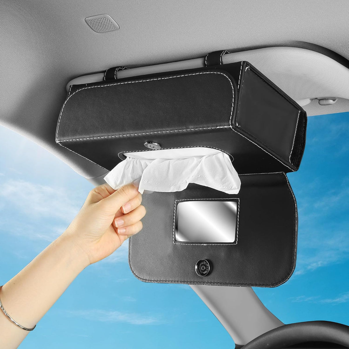 Car PU Leather Clip On Visor Tissue Holder with Mirror Storage Black