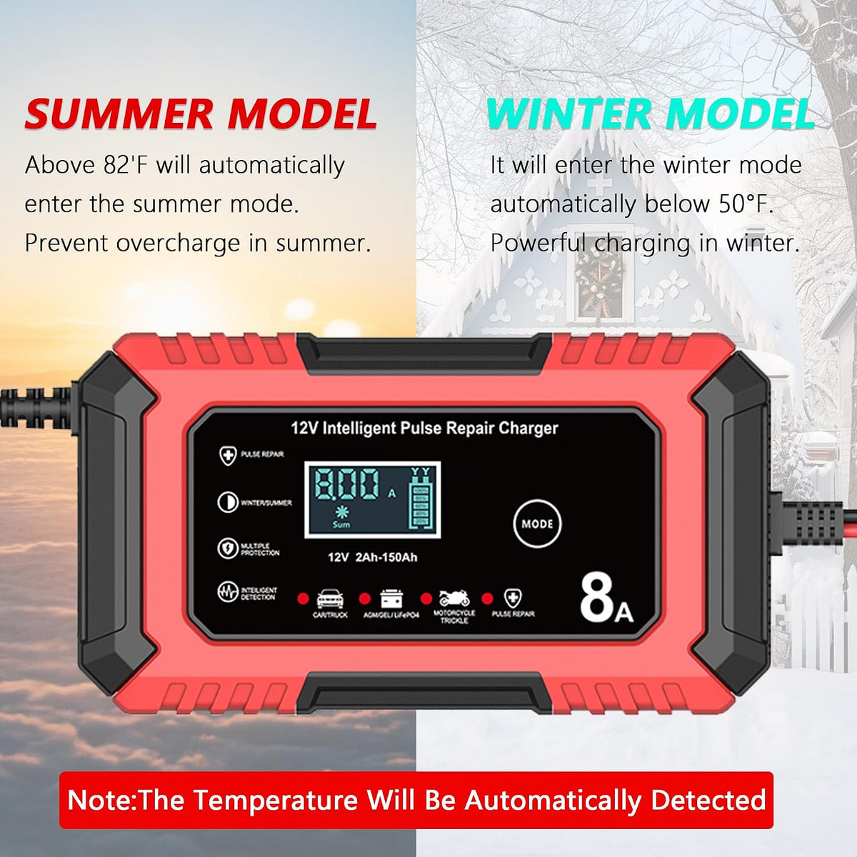 Car Battery Charger 12V 8-Amp Smart Trickle Charger Fully Automatic