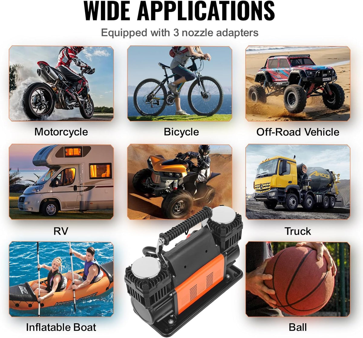 VEVOR 10.6 CFM Heavy Duty Air Compressor, 30s Fast Inflation | 1080W Dual-Cylinder Portable Tire Inflator, 12V 150PSI Offroad Air Pump with Adapters for Trucks Car SUV 4 x 4 Vehicle RV