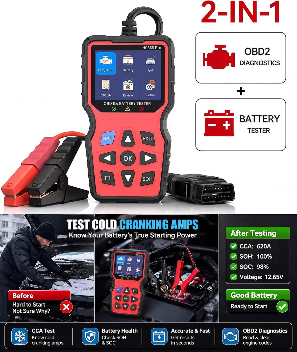 OBD2 Scanner with Battery Tester, Accurate Check Engine Code Reader