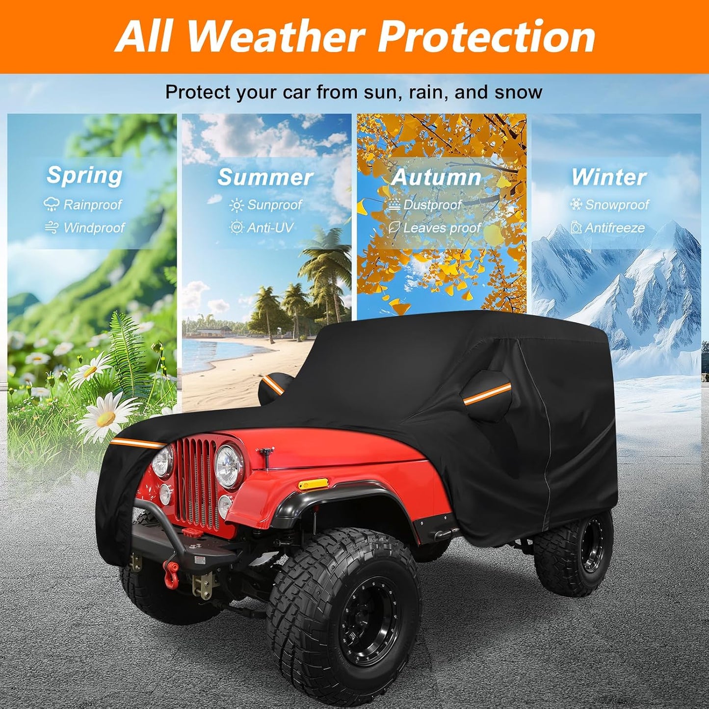 Car Cover for Jeep CJ7 1976-1986, Waterproof 420D Oxford Cloth and Cotton Cover Outdoor Full Car Covers with Zipper Windproof Heavy Duty All Weather Protection