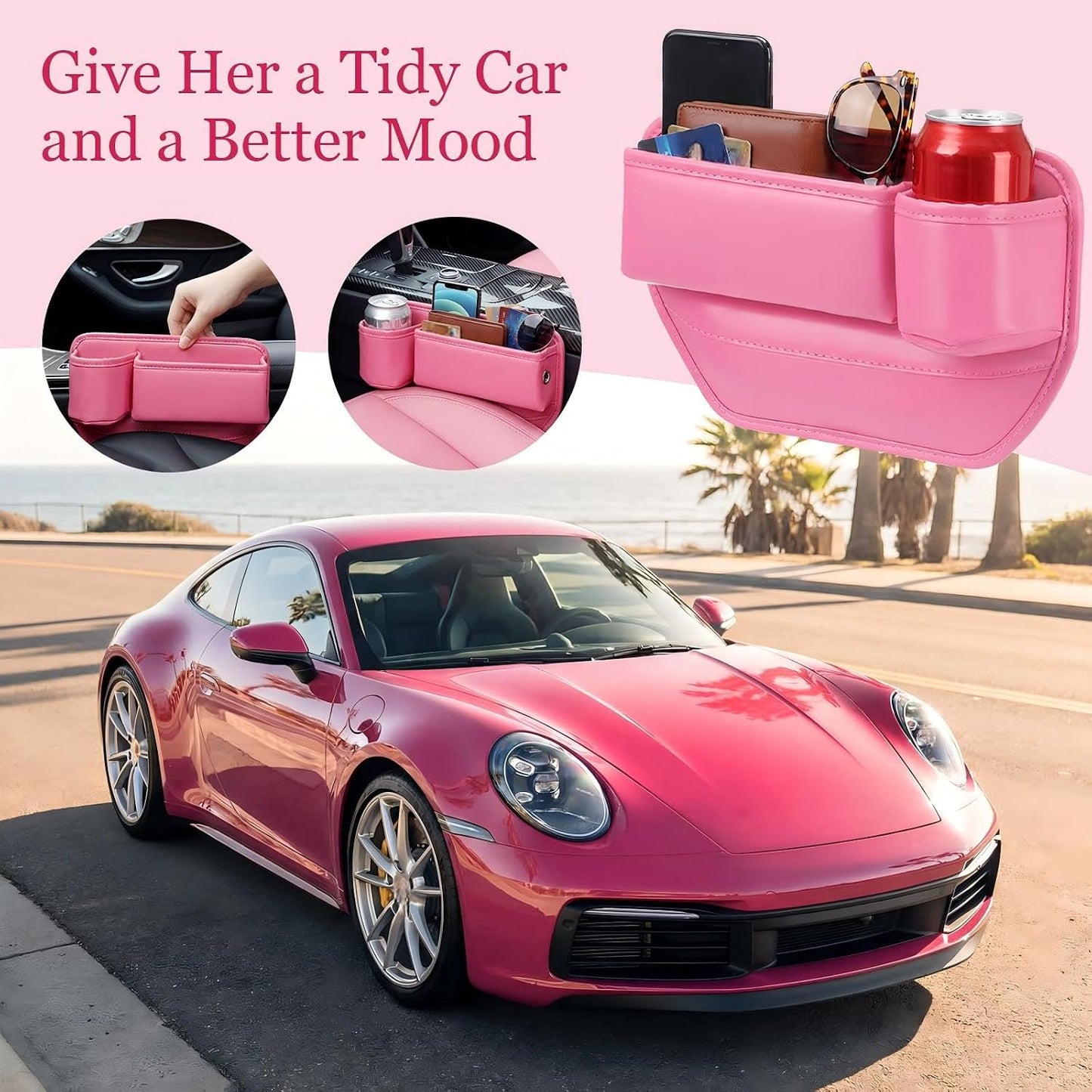 Aliceset 2 Pack Pink Car Seat Gap Filler Organizer with Cup Holder and Storage Leather Car Organizer for Keys Cards Phone Sunglasses and Small Items