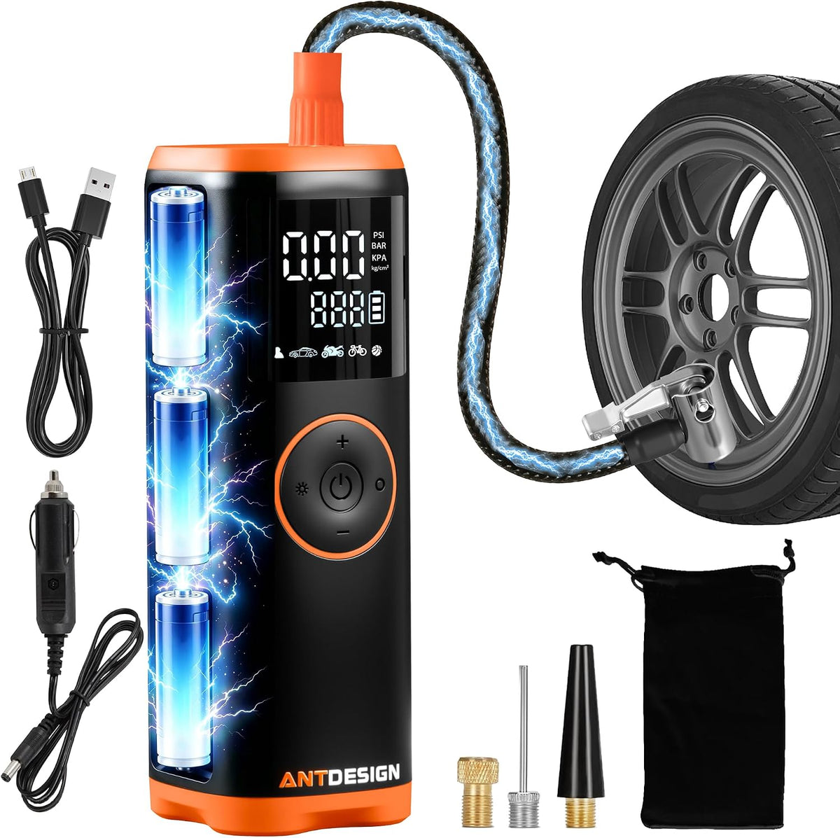 Tire Inflator Portable Air Compressor with Digital Pressure Gauge–150PSI Dual Power (7800mAh Rechargeable Battery&12V DC Car Plug),Cordless Air Pump for Car Tires,SUV,Motorcycle,Bicycle,Ball