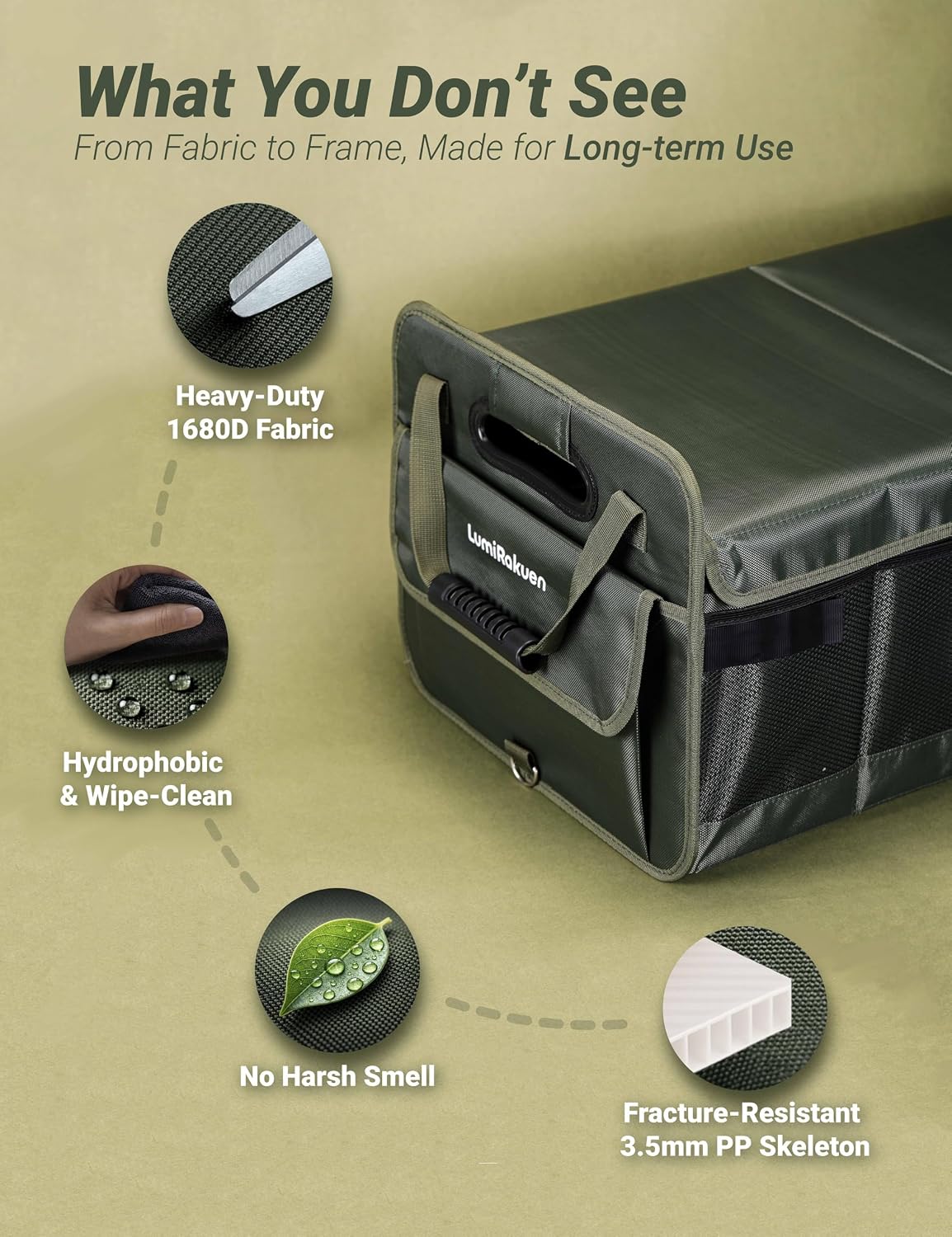 Heavy Duty Trunk Organizer with Lid for SUV & Truck (XL, Green) | 1680D Water-Resistant Fabric & 3.5mm PP Skeleton Collapsible Multi-Compartment Trunk features Dual Non-Slip Hooks
