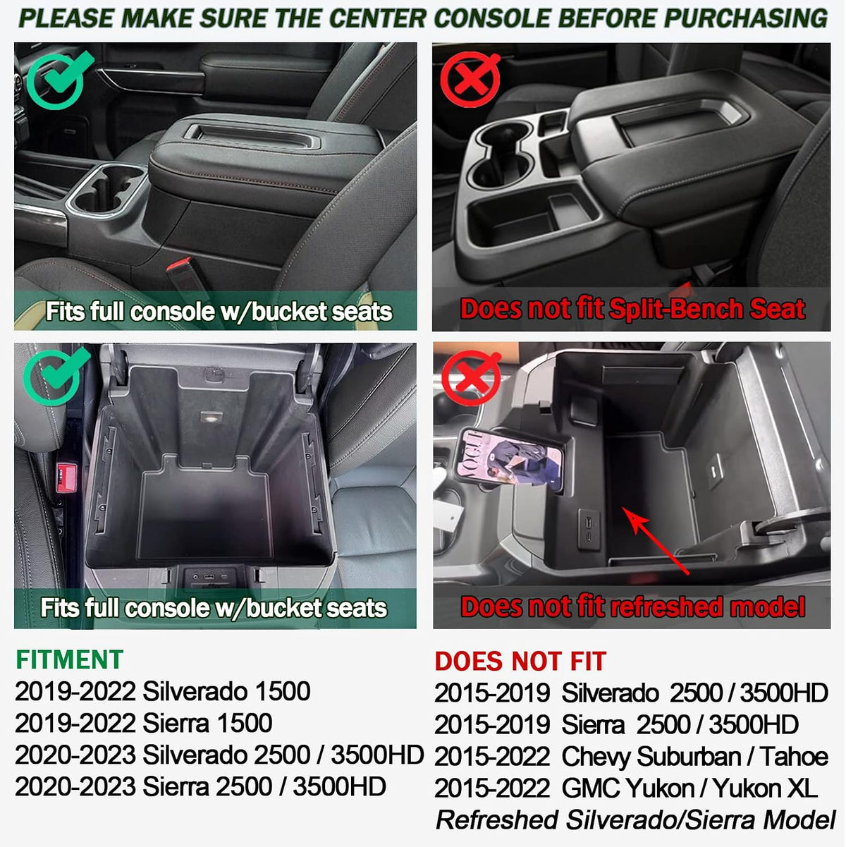 Latest Full Size Tray Compatible with 2019-2022 Chevy Silverado/GMC Sierra 1500 and 2020-2023 Silverado/Sierra 2500HD 3500HD, New Center Console Organizer (Full Console w/Bucket Seats ONLY)