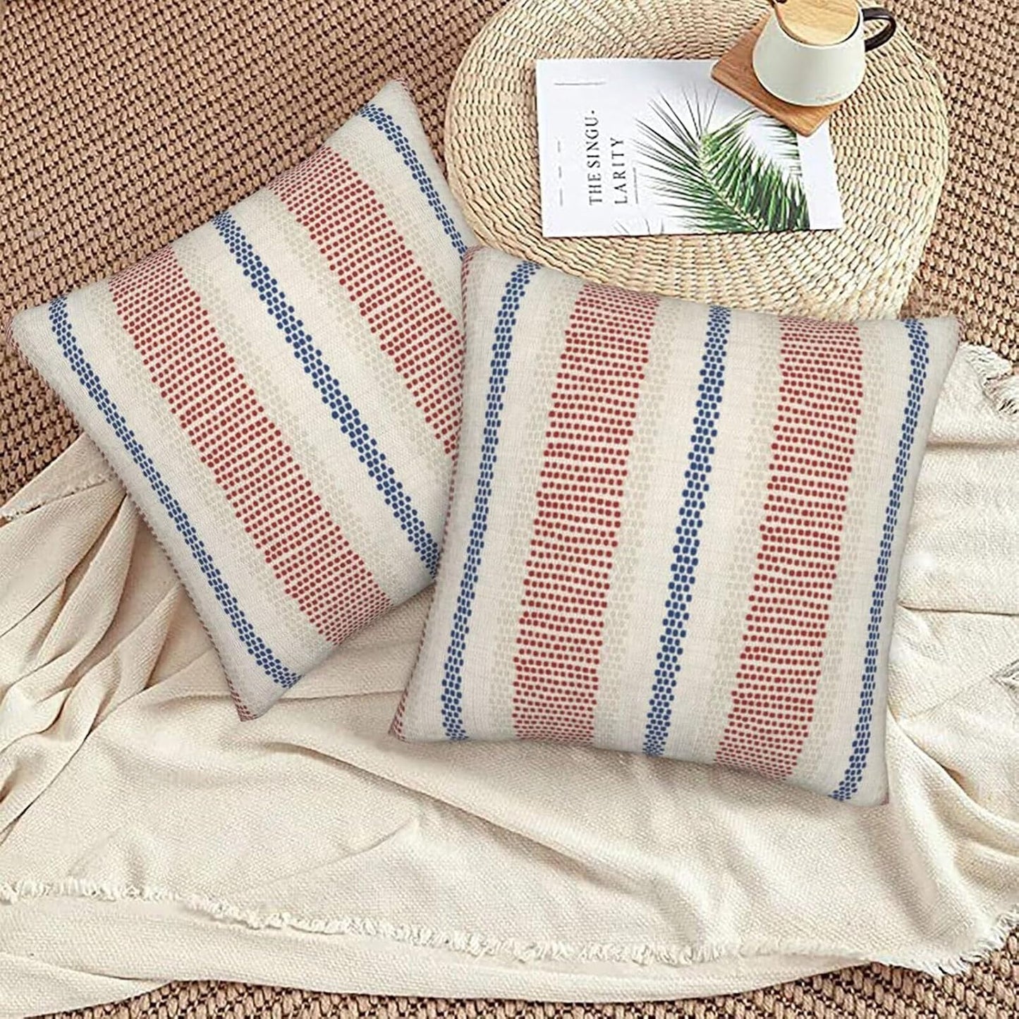 4th of July Pillow Covers 18 x 18 Inch Set of 2 Navy Blue Red Polka Dot Striped Decorative Outdoor Throw Pillow Covers Linen Modern Boho Geometry Pillowcase for Home Sofa Couch Decor