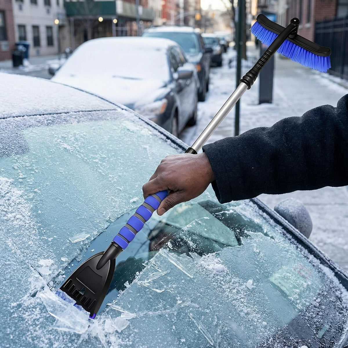 Snow Brush and Ice Scrapers for Car Windshield, 360° Pivoting Brush Head Detachable Snow Scrapers with Ergonomic Foam Grip;36inch Extendable Snow Brushs for SUV and truck SUV,Blue,Car Accessories