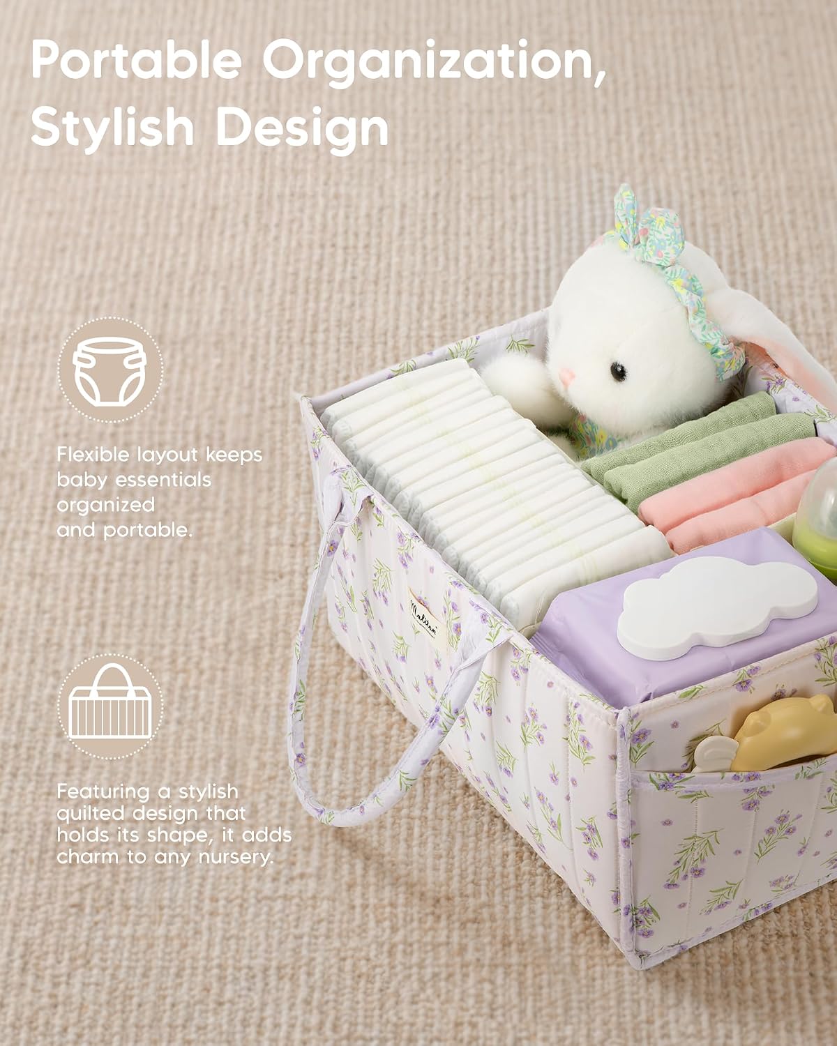 Maliton Diaper Caddy Organizer with 2 Side Pockets, Portable, Purple Floral | with Handle and Removable Dividers, Nursery Storage Basket, Car Organizer for Diapers & Wipes. Boy & Girl Shower Gift