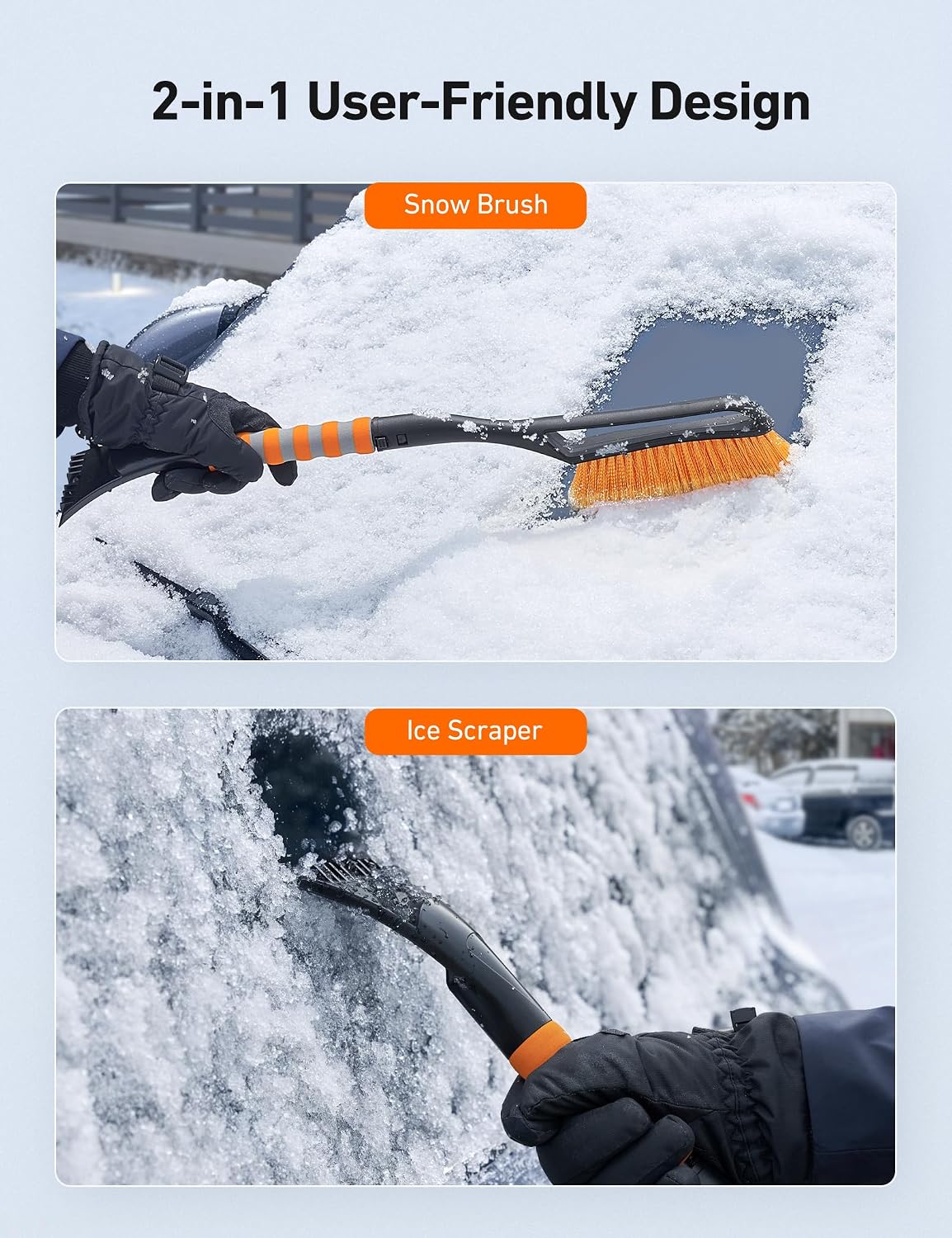 AstroAI 27" 2-in-1 Detachable Snow Brush &amp; Ice Scrapers for Car Windshield | Snow Removers with No-Scratch Bristles, Ergonomic Handles &amp; Easy Storage, Winter Accessories for Cars, SUVs, Trucks (Orange)