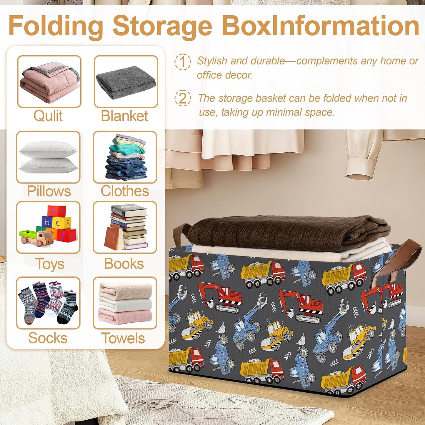 Storage Bins with Handles, Oxford Cloth Storage Basket with Sturdy Frame, Excavator Car Collapsible Organizer for Closet, Shelf, Clothes, Towels, Home Storage